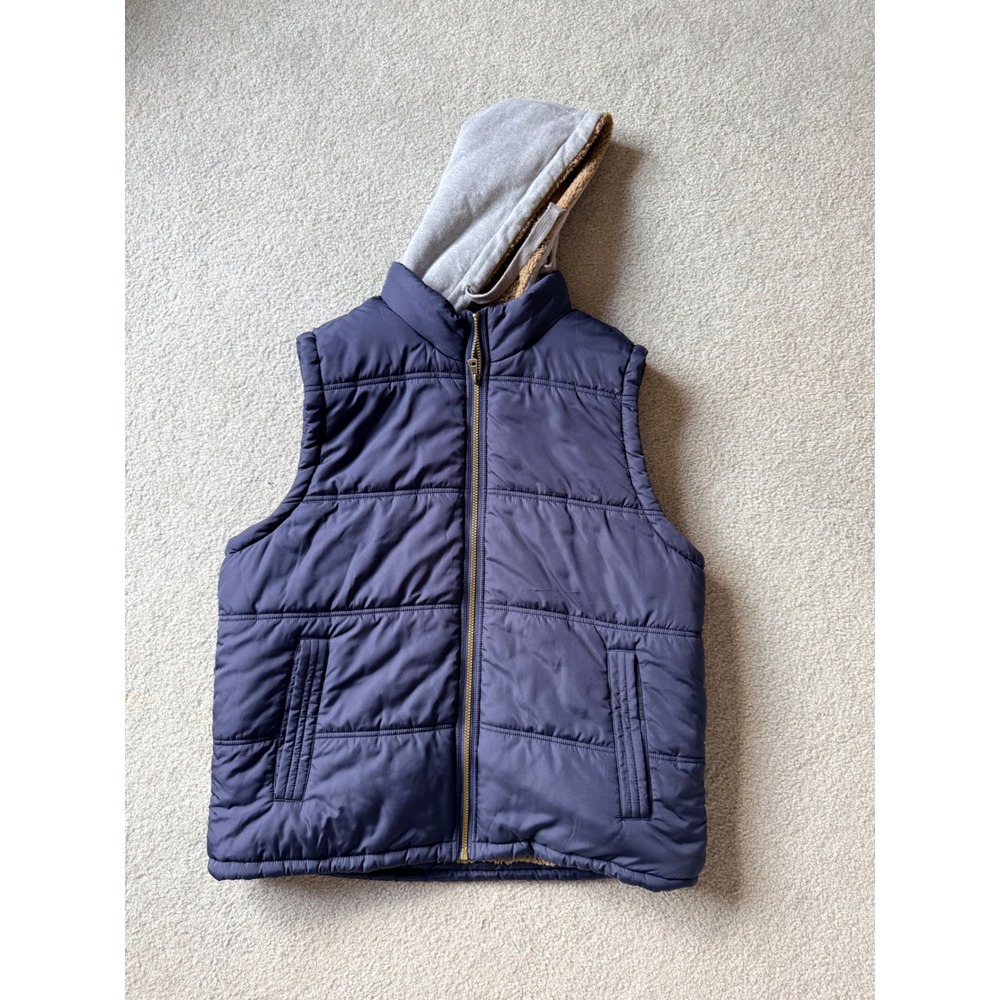 Weatherproof Vintage Mens XL Puffer Vest Sherpa Lined Hooded Navy Blue Jacket